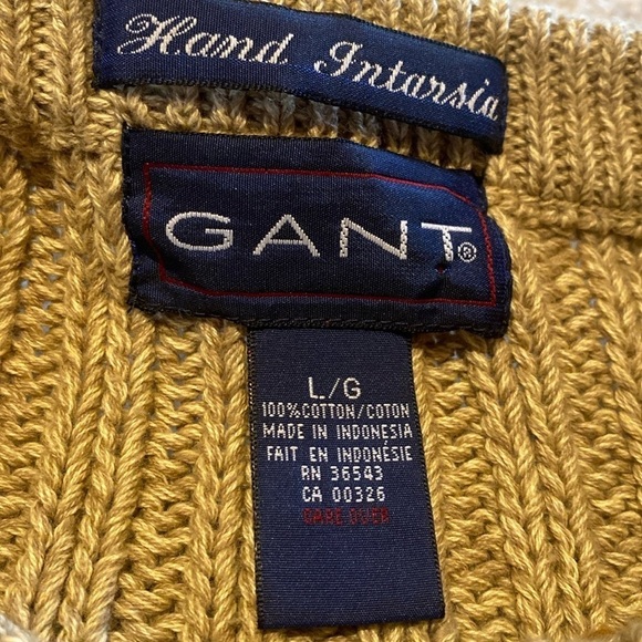 Gant Hand Intarsia Cotton Argyle Diamond Knit Sweater Tan Gold Green Brown L - Picture 3 of 6